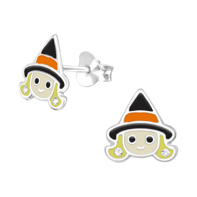 Children's Silver Witch Ear Studs with Crystal and Epoxy