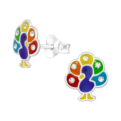 Children's Silver Peacock Ear Studs with Crystal and Epoxy