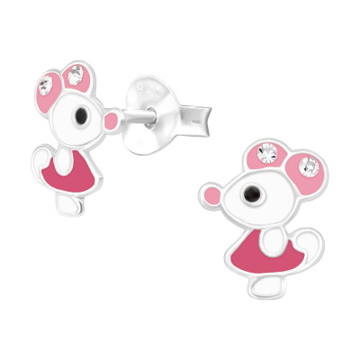 Children's Silver Mouse Ear Studs with Crystal and Epoxy