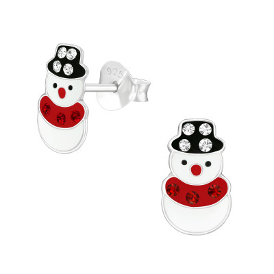 Children's Silver Snowman Ear Studs with Crystal and Epoxy