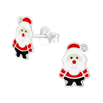 Children's Silver Santa Claus Ear Studs with Crystal and Epoxy