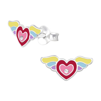 Children's Silver Heart Ear Studs with Crystal and Epoxy