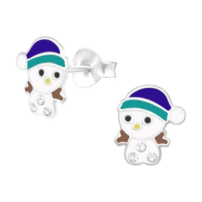 Children's Silver Snowman Ear Studs with Crystal and Epoxy