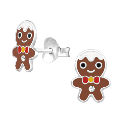 Children's Silver Gingerbread Man Ear Studs with Crystal and Epoxy