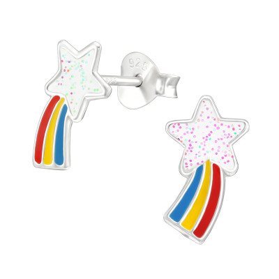 Children's Silver Shooting Star Ear Studs with Epoxy