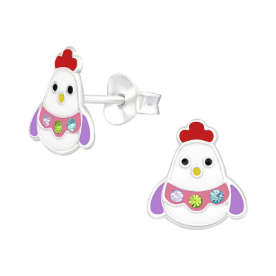 Children's Silver Chick Ear Studs with Crystal and Epoxy