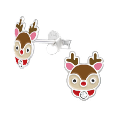 Children's Silver Reindeer Ear Studs with Crystal and Epoxy