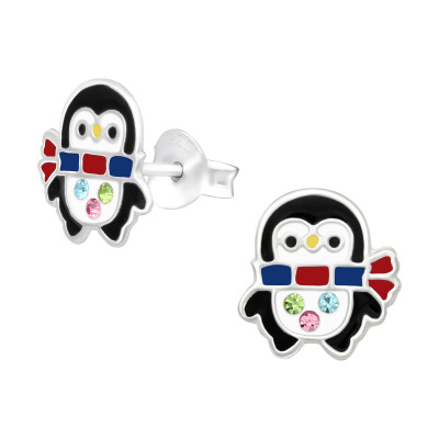 Children's Silver Penguin Ear Studs with Crystal and Epoxy