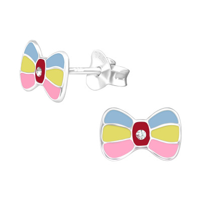 Children's Silver Bow Ear Studs with Crystal and Epoxy