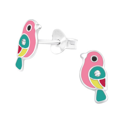 Children's Silver Bird Ear Studs with Crystal and Epoxy