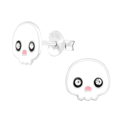 Children's Silver Ghost Ear Studs with Crystal and Epoxy