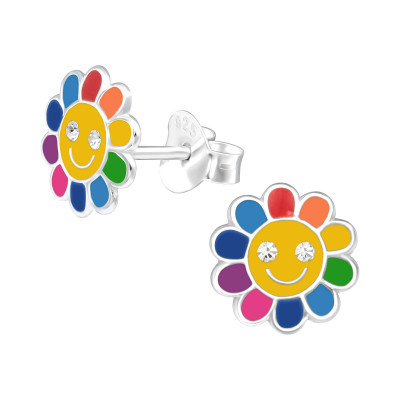 Children's Silver Flower Ear Studs with Crystal and Epoxy