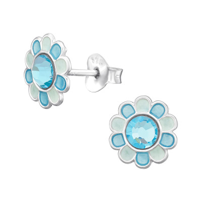 Children's Silver Flower Ear Studs with Crystal and Epoxy