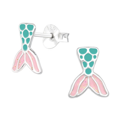 Children's Silver Mermaid Tail Ear Studs with Epoxy