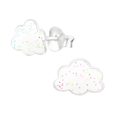 Children's Silver Cloud Ear Studs with White Glitter Epoxy