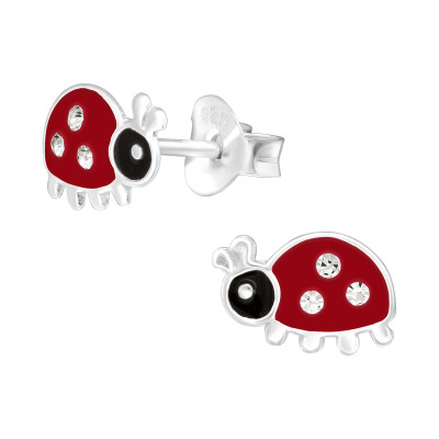 Children's Silver Ladybug Ear Studs with Crystal and Epoxy