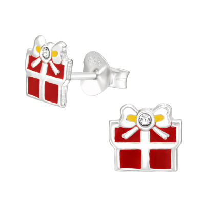 Children's Silver Gift Box Ear Studs with Crystal and Epoxy