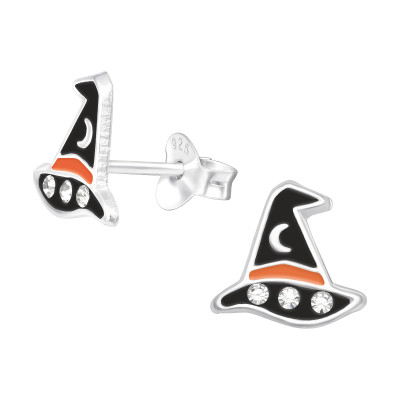 Children's Silver Witch Hat Ear Studs with Crystal and Epoxy