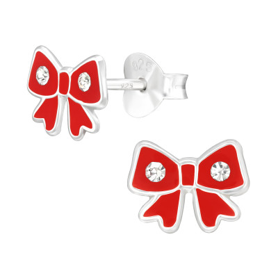 Children's Silver Bow Ear Studs with Crystal and Epoxy