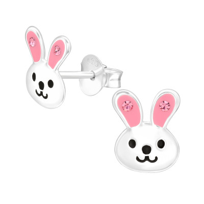 Children's Silver Rabbit Ear Studs with Crystal and Epoxy