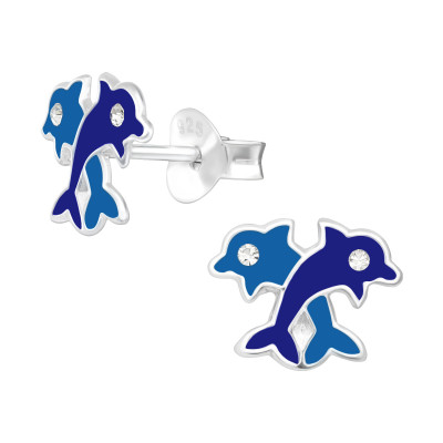Children's Silver Dolphins Ear Studs with Crystal and Epoxy