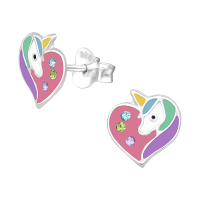 Children's Silver Unicorn Ear Studs with Crystal and Epoxy