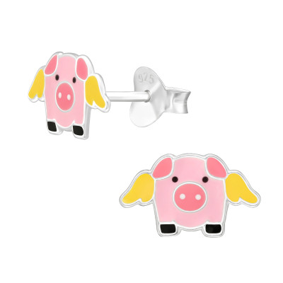 Children's Silver Flying Pig Ear Studs with Epoxy