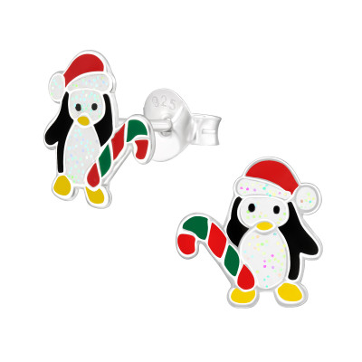 Children's Silver Penguin Ear Studs with Epoxy