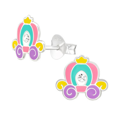 Children's Silver Pumpkin Carriage Ear Studs with Crystal and Epoxy