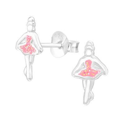 Children's Silver Ballerina Ear Studs with Epoxy