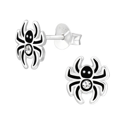 Children's Silver Spider Ear Studs with Crystal and Epoxy