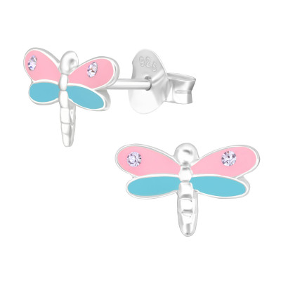 Children's Silver Dragonfly Ear Studs with Crystal and Epoxy