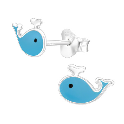 Cute Children's Silver Whale Ear Studs with Epoxy