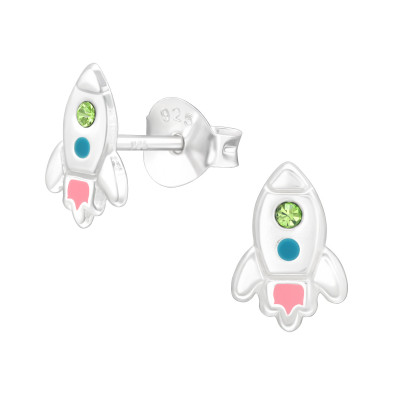 Children's Silver Rocket Ear Studs with Crystal and Epoxy