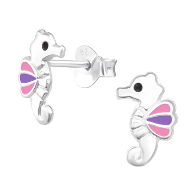 Children's Silver Seahorse Ear Studs with Epoxy