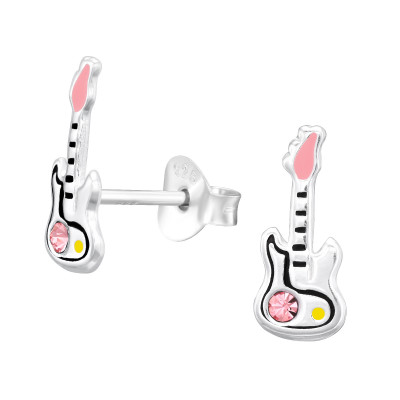 Children's Silver Guitar Ear Studs with Crystal and Epoxy