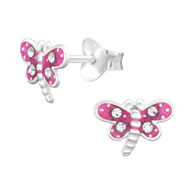 Children's Silver Dragonfly Ear Studs with Crystal and Epoxy