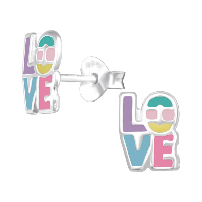 Children's Silver LOVE Ear Studs with Epoxy