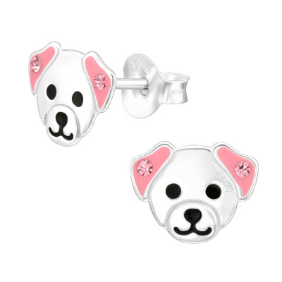 Adorable Children's Silver Dog Ear Studs with Crystal and Epoxy