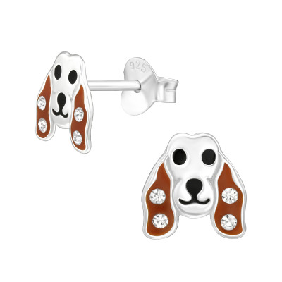 Children's Silver Dog Ear Studs with Crystal and Epoxy