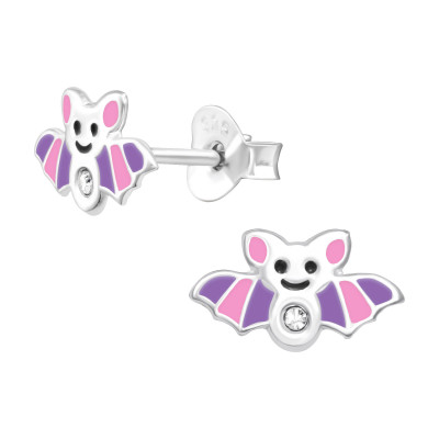 Cute Children's Silver Bat Ear Studs with Crystal and Epoxy