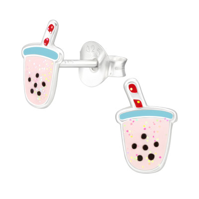 Children's Silver Bubble Milk Tea Ear Studs with Epoxy