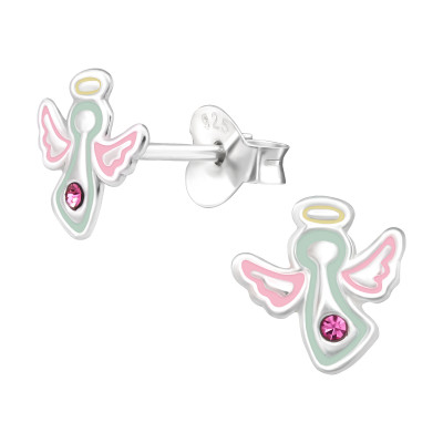 Children's Silver Angel Ear Studs with Crystal and Epoxy
