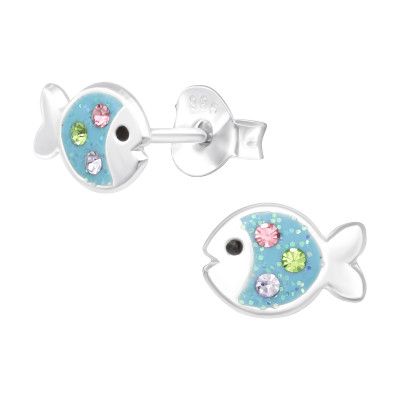 Children's Silver Fish Ear Studs with Crystal and Epoxy