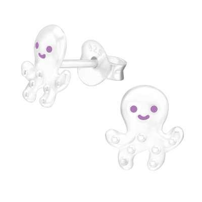 Children's Silver Octopus Ear Studs with Epoxy