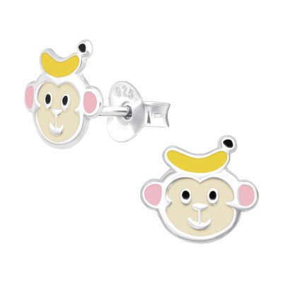 Children's Silver Monkey Ear Studs with Epoxy