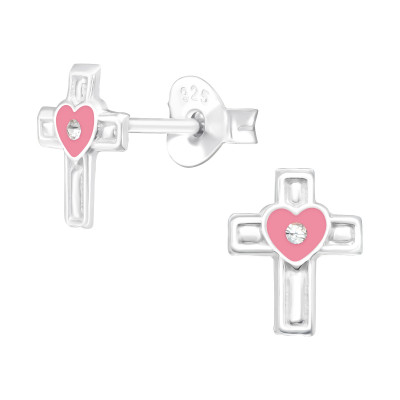 Children's Silver Cross Ear Studs with Crystal and Epoxy