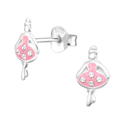 Children's Silver Ballet Girl Ear Studs with Crystal and Epoxy