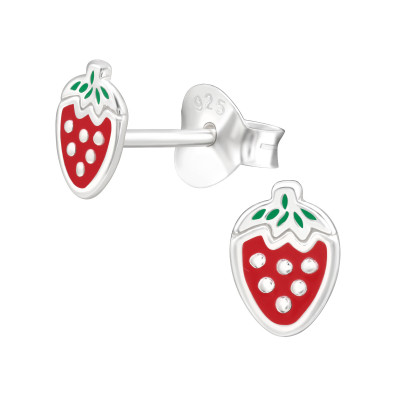 Children's Silver Strawberry Ear Studs with Epoxy