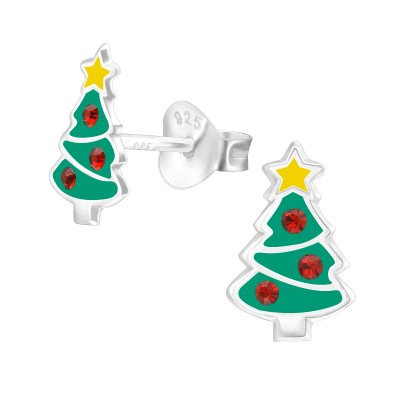 Children's Silver Christmas Tree Ear Studs with Crystal and Epoxy